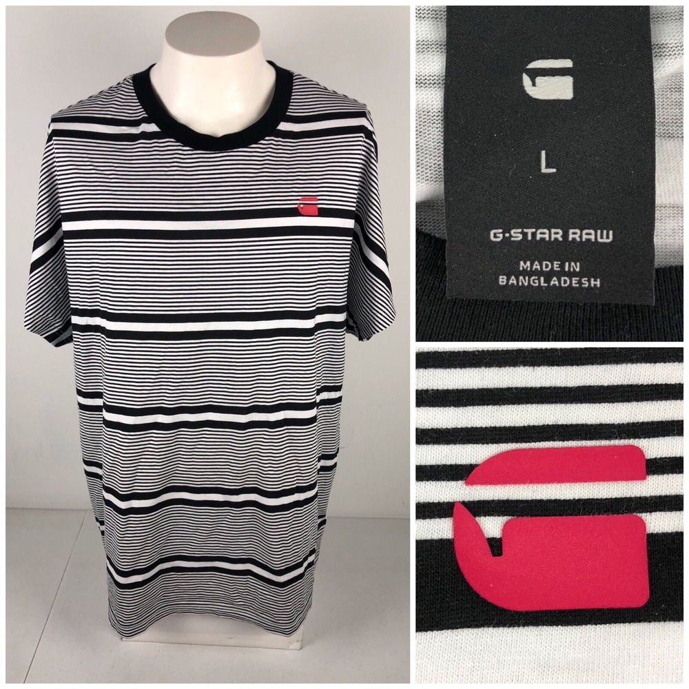 G Star Mens Large Shirt Collyde Stripe 5 White Black 100% Cotton Loose Fit